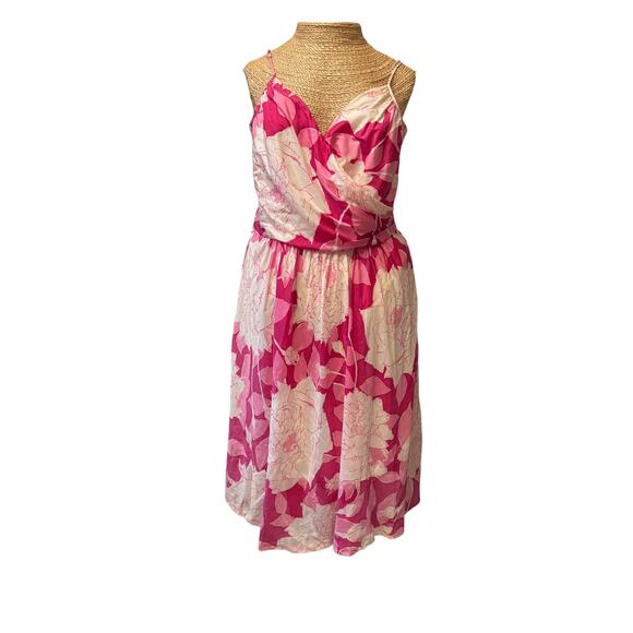 Trina Turk Silk Midi Dress Size 10 Pink White Floral Faux Wrap Adjustable Straps - Picture 1 of 8